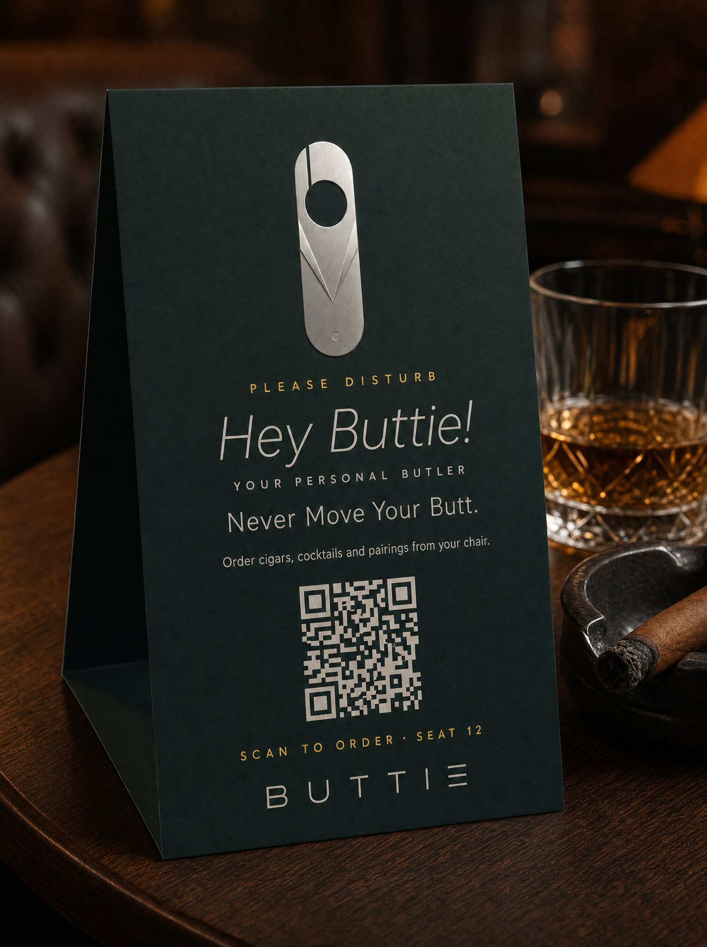 Buttie table tent on a side table in a cigar lounge