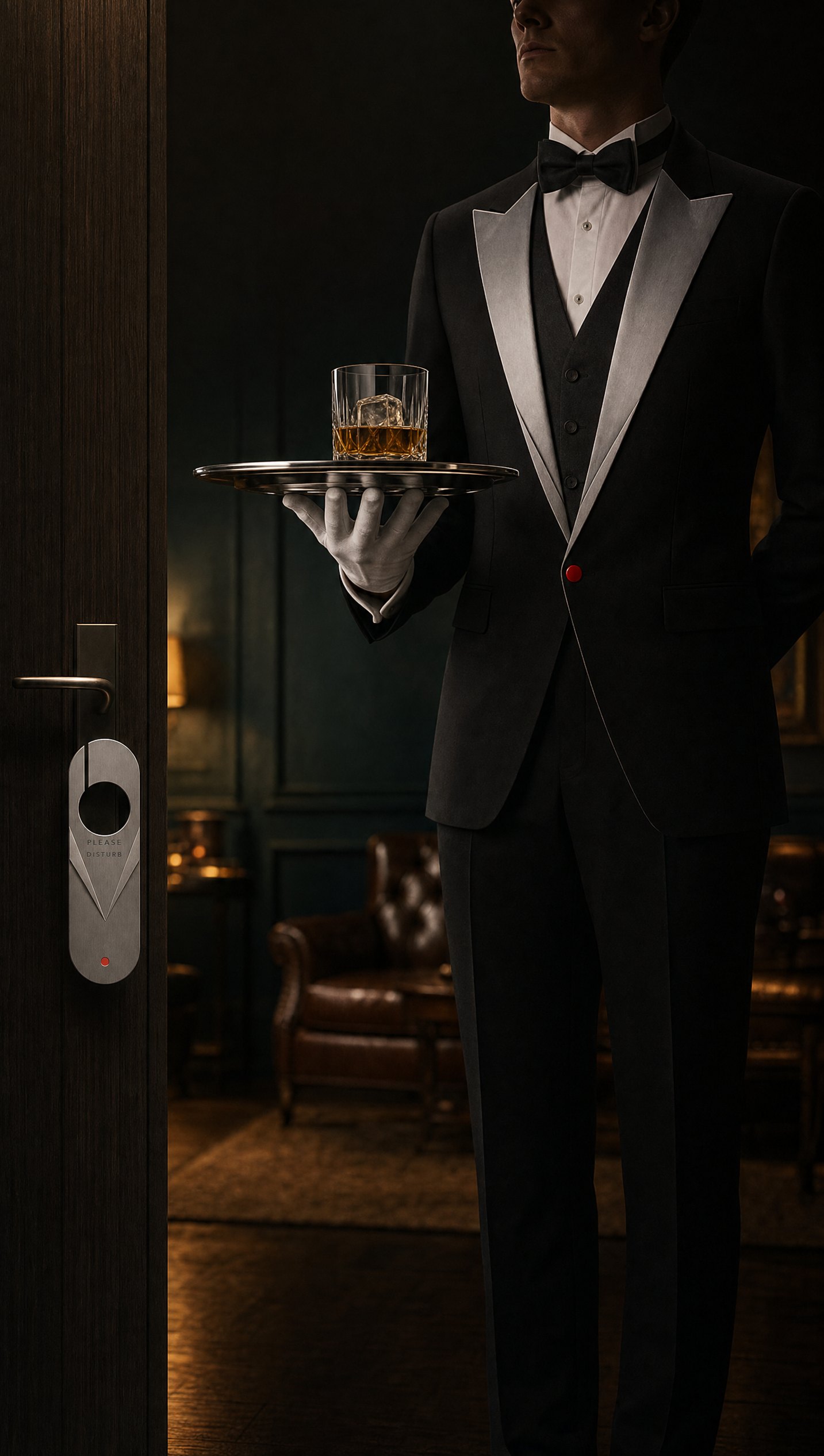 Buttie the butler in his silver-lapel jacket, holding a tray, beside a door with the Buttie hanger on its handle